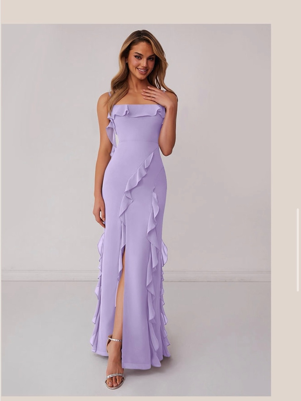 Azazie Lavender Ruffle-Trim Strapless Maxi Gown